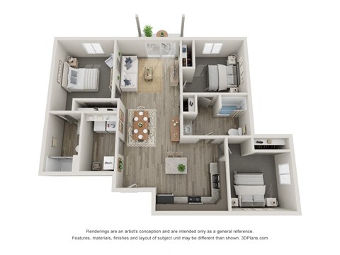 Floor plan for 3 beds, 2 baths, 1154 sqft